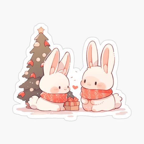 Cute Kawaii Bunny Rabbits Under the Christmas Tree by CozyKawaiiArt | Redbubble Cute Christmas Animals, Christmas Bunnies, Room Reference, Xmas Animals, Kawaii Winter, Christmas Kawaii, Christmas Rabbit, Winter Rabbit, Bunny Christmas