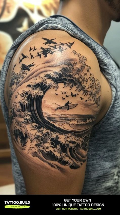 Unique Back Tattoo Designs for Men Explore Inspiring Ideas for Your Next Ink Wave Tattoo On Bicep, Best Shoulder Tattoos Men Ideas, Men’s Shoulder Tattoo Ideas, Best Shoulder Tattoos Men, Forearm Sleeve Tattoos For Men, Ocean Waves Tattoo, Tattoo Ideas For Men Shoulder, Men's Shoulder Tattoo, Men Shoulder Tattoo