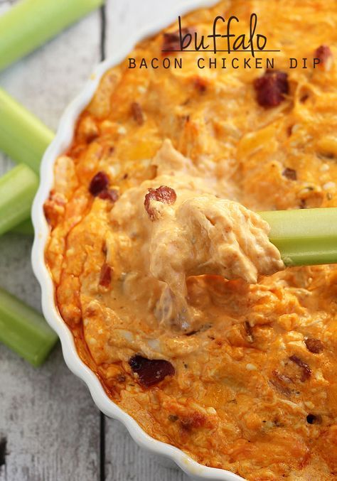 Easy Buffalo Bacon Chicken Dip ~ ready in 30 minutes! Dip Night, Buffalo Dip, Dip Easy, Buffalo Wing, Bacon Chicken, Chicken Dip, Chicken Dips, Wing Sauce, Buffalo Chicken Dip