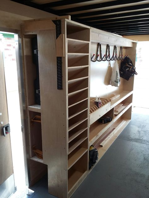 Van Racking Ideas Carpenter, Work Trailer Organization, Work Trailer Organization Ideas, Tool Trailer Organization, Work Van Organization Ideas, Trailer Shelving, Construction Trailer, Work Truck Storage, Tool Trailer