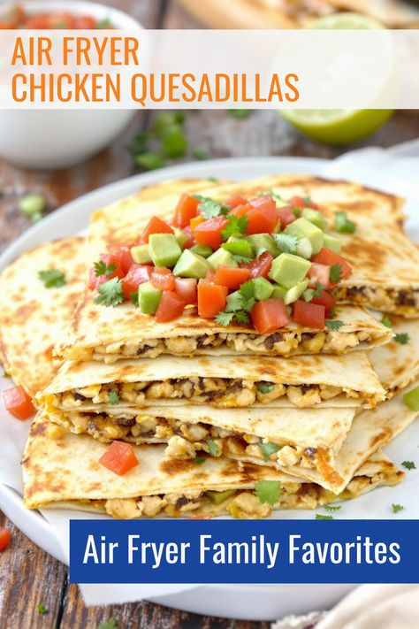 Make dinner exciting with our Air Fryer Chicken Quesadillas from the Air Fryer Family Favorites. This easy chicken recipe is a Mexican-inspired meal that's perfect for quick air fryer dinners. Loaded with melted cheese and tender chicken, it's a family-friendly recipe that's sure to please. Skip the takeout and enjoy your homemade, air-fried delight in no time! Air Fryer Chicken Quesadilla, Quesadilla Fillings, Air Fryer Dinners, Easy Chicken Recipe, Make Ahead Freezer Meals, Kid Approved Meals, Chicken Quesadillas, Dinner At Home, Dinner Themes