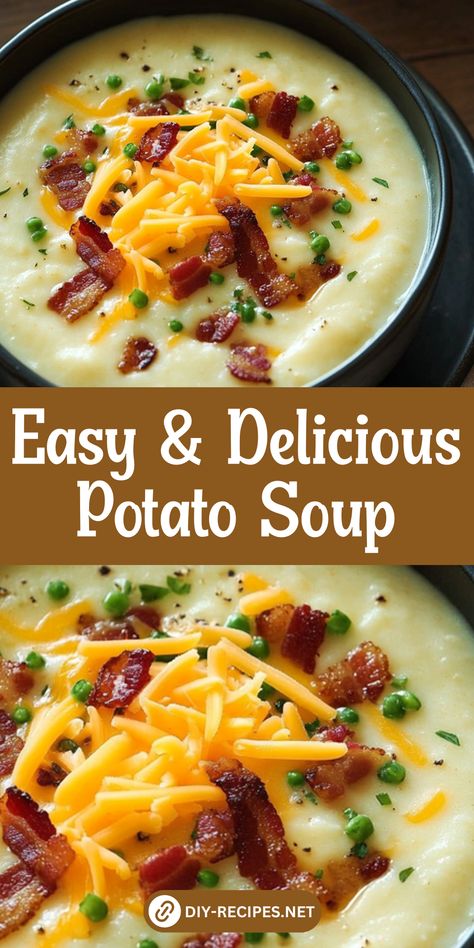 Looking for an easy dinner? This Potato Soup recipe is simple to make and full of flavor, with creamy potatoes, savory bacon, and a touch of sour cream. Potato Bacon Soup Easy, Potato Soup With Cheddar Cheese Soup, Easy Loaded Potato Soup Recipe, Recipe For Potato Soup Easy, Cheese Potatoes Soup, Potato Bisque Soup, Potato Soup With Yellow Potatoes, Potatoe Soup With Heavy Cream, Betty Crocker Potato Soup