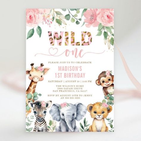 $2.09 | Safari Animal Wild One Blush Floral 1st Birthday - jungle, safari birthday, wild one, greenery, girl, floral, girl 1st birthday, blush, animal, gold 1st Birthday Girl Wild One, Floral 1st Birthday, Birthday Wild One, Jungle Safari Birthday, Girl 1st Birthday, 1st Birthday Invitation, Safari Birthday, Jungle Safari, 1st Birthday Invitations