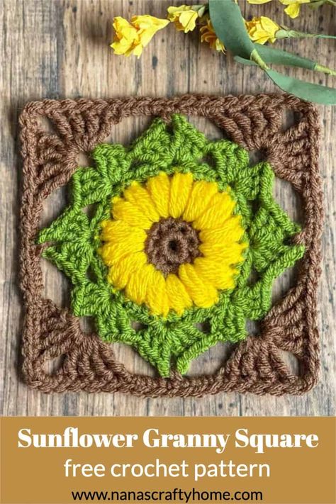 Sunflower Granny Square, Granny Square Pattern Free, Square Crochet Pattern, Blanket Tutorial, Granny Square Crochet Patterns Free, Crochet Small, Crochet Sunflower, Granny Square Blanket, Square Blanket