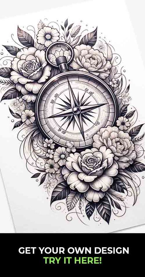 Filigree Tattoos for Females: Elegant and Intricate Designs - Tattoo Build Female Compass Tattoo, Compass With Flowers Tattoo, Floral Thigh Tattoos Women, Compass Tattoo Feminine, Feminine Compass Tattoo, Shoulder Tattoos For Females, Lotus Flower Tattoo Design, Aztec Tattoos, Pin Up Girl Tattoo