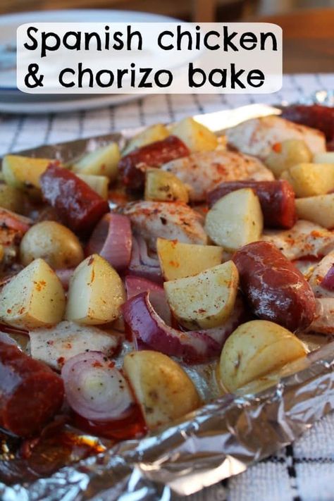 Spanish Chicken and Chorizo Bake has everything all on one baking tray. Juicy chicken, spicy chorizo, potatoes and onions all cook together in the oven for an easy, delicious dinner. #onepanmeal #chickendinner #chorizorecipe Chorizo Bake, Chorizo Potatoes, Spanish Chicken And Chorizo, Lemon Butter Chicken Recipe, Chicken And Chorizo, Chorizo And Potato, Spanish Chicken, Potatoes And Onions, Chicken Chorizo