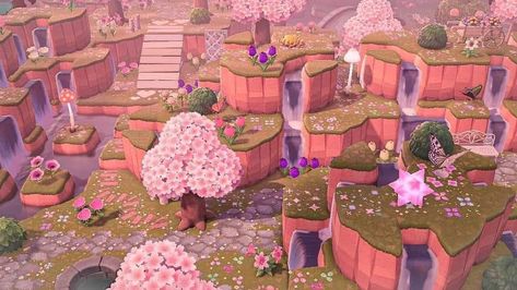 Pastel Acnh, Fairycore Acnh, Fairycore Island, Fairy Island, Witchy Cottage, Pink Cottagecore, Pink Island, Animal Crossing Guide, Animal Crossing Wild World