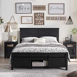 Black Western Bedroom, Store Sheets, Beds With Headboards, Wood Bed Frame Queen, Barn Door Storage, Full Size Storage Bed, Farmhouse Bed Frame, King Platform Bed Frame, Wood Platform Bed Frame