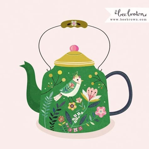 Kettle Illustration, Tea Pot Illustration, Teapot Drawing, Teapot Illustration, Tray Painting, Coffee Bar Art, Sketchbook Cover Ideas, Teacup Art, Flowers In Containers