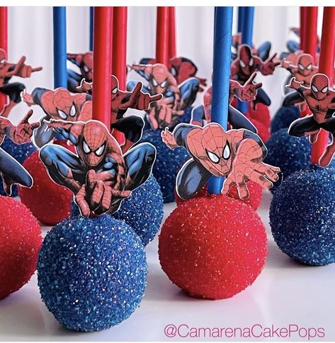 Spider Man Cakepop, Spiderman Party Desserts, Spiderman Cake Pops Ideas, Spiderman Rice Crispy Treats, Spidey Cake Pops, Spiderman Candy Table, Spider Man Cake Pops, Spiderman Dessert Table, Spiderman Cakepops