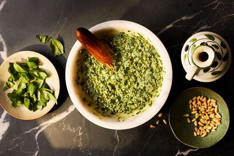 Pesto Genovese (Classic Basil Pesto) Kitchen Extras, Nut Free Pesto, Pesto Recipes, Sauce Pesto, Basil Pesto Sauce, Basil Pesto Recipes, Seasonal Cooking, Toasted Pine Nuts, Pesto Recipe