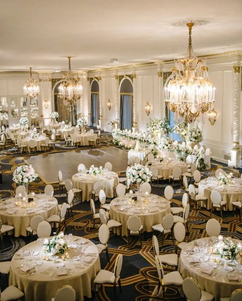 Wedding Venue Set Up Receptions, Ballroom Wedding Reception Layout, Banquet Hall Wedding Reception, Elegant Table Set Up, Wedding Area Indoor, French Ballroom Wedding, Chicken Alfredo Wedding Reception, Ceremony Set Up Indoor, Indoor Wedding Venues Reception Halls