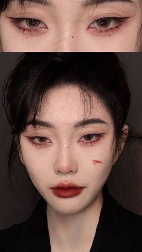 East Asian Eye Makeup, Vampire Makeup Hooded Eyes, Masc Douyin Makeup, Make Up For Short Hair, Emo Douyin Makeup, Emo Douyin, Asian Halloween Makeup, Tired Eye Makeup, Asian Grunge Makeup