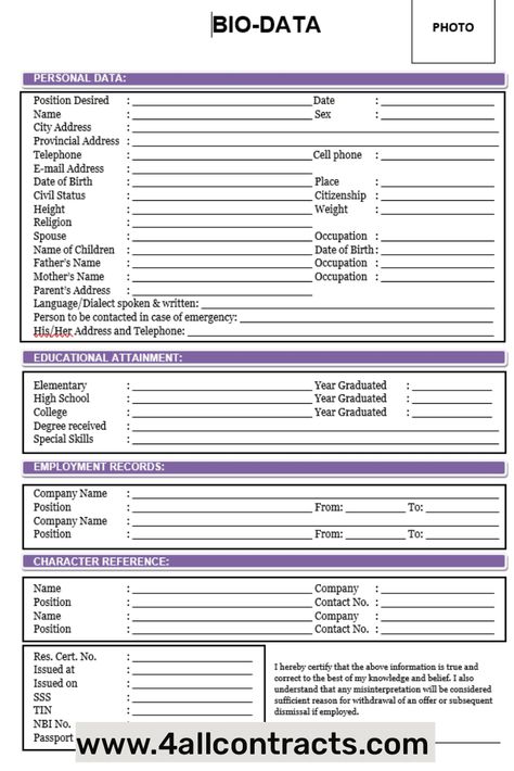 Specific Biodata template Philippines in word Format a typical Biodata template in the Philippines would include personal information such as name, address, contact details, date of birth, civil status, and citizenship. It ... Philippines Word, Biodata Template, Room Rental Agreement, Cleaning Contracts, Wedding Photography Contract, Biodata Format, Data Form, Photography Contract, Rental Agreement Templates