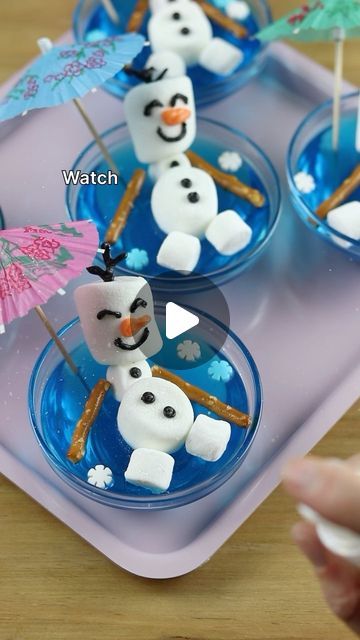 Olaf Jello Cups, Olaf Marshmallow Snowman, Olaf Jello, Jello Shooters, Jello Cups, Drink Umbrellas, Frozen Themed, Pretzel Sticks, Christmas Board