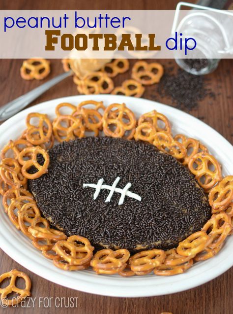 Peanut Butter Football Dip | crazyforcrust.com | The original peanut butter football dip! Gameday Food Football Dessert, Dessert For Super Bowl Party, Easy Superbowl Desserts, Football Pretzels, Football Themed Desserts, Football Dip, Football Foods, Dip Dip, Football Parties