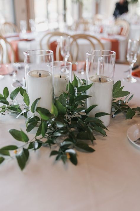 Photo By: Megan Badia Photography Candle Pillar Centerpieces Wedding, Candles And Greenery Centerpiece, Candle Greenery Centerpiece, Gala Centerpieces, Candle Cluster, Kings Table, Chelsea Wedding, Greenery Centerpiece, Candle Centerpiece