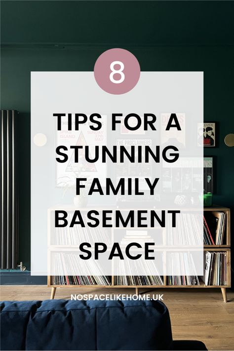 Basement with dark walls and text overlay saying '8 tips for a stunning family basement space' Basement Decor Ideas Cozy Living, Cosy Basement Living Room, Basement Family Room Flooring Ideas, How To Make A Basement Cozy, Small Basement Design Ideas Layout, Small Recreation Room Ideas, Basement Decoration Ideas, Rustic Basement Living Room, Colors For Basement Walls