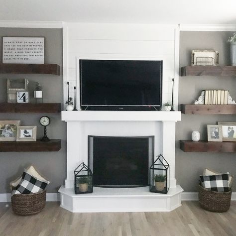 Tv Fireplace Floating Shelves, Living Room With White Washed Fireplace, Floating Shelves Next To Mantle, Diy Floating Shelves By Fireplace, Floating Shelves Next To Fireplace Living Room, Floating Shelves Mantle, Fireplace Makeover With Shelves, Family Room Floating Shelves Decor, Floating Shelves Next To Fireplace Decor