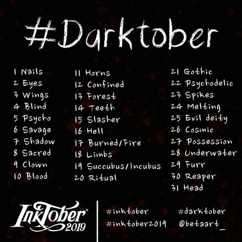 Horror Drawing Prompts, Ink Tober 2022, Inktober 2022 List, Ink Tober Prompts, Ink Tober, Day Art Challenge, Creative Writing Stories, 30 Day Art Challenge, 30 Day Drawing Challenge