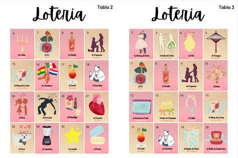 Bridal Shower Loteria in English and Spanish 54 Unique images, 30 Game Cards THIS LOTERIA GAME IS A DIGITAL FILE. NO PHYSICAL ITEMS WILL BE SHIPPED OR PRINTED. * For personal use only  Print on 8 1/2 x 11 cardstock or paper and laminate. Perfect to be inclusive of all family members. Players can use dried beans or markers/pens to mark off when their card is called. Make sure you provide each player with at least 16 beans. Game can be played many ways: -Centro (4 in center) -Chorro (4 in a row an Wedding Loteria Game, Bridal Shower Games Spanish, Bridal Shower Games In Spanish, Bridal Shower Loteria, Bridal Loteria, Loteria Bridal Shower Ideas, Spanish Themed Bridal Shower Ideas, Spanish Bridal Shower Ideas, Wedding Loteria