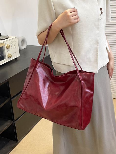 Burgundy  Collar  PU Leather Plain Top Handle Bag Embellished   Women Bags Red Leather Bag Outfit, Red Designer Bag, Libra Mars, Maroon Bag, Tote Bag Outfit, Minimalist Tote Bag, Burgundy Bag, Red Leather Bag, Red Tote Bag