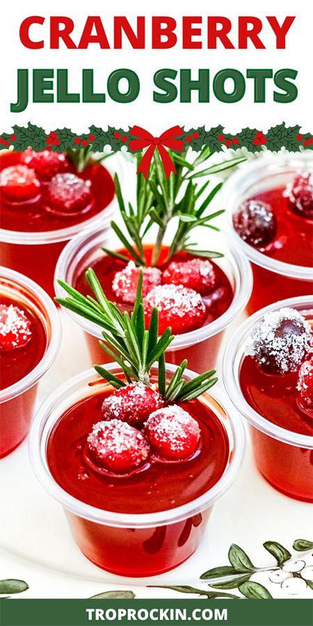 Holiday Jello Shots! These Cranberry Jello Shots are perfect for Thanksgiving, Christmas and New Year's Eve. Garnish with sugared cranberries and a rosemary sprig to make them look fancy. Cheers to Holiday Jello Shots! Cranberry Jello Shots, Holiday Jello, Holiday Jello Shots, Sugar Cranberries, Cherry Jello Shots, Christmas Jello, Jello Shooters, Vodka Infused, Cranberry Jello