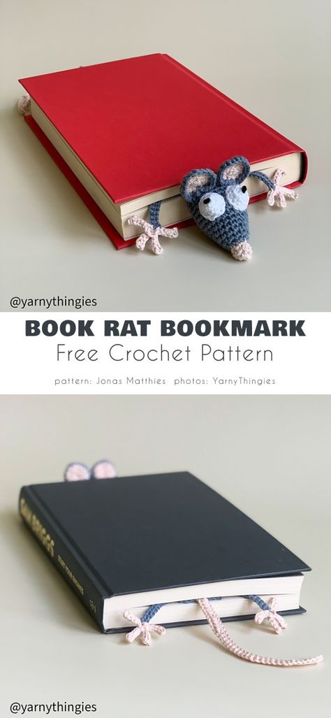 Book Rat Crochet, Squished Rat Crochet Bookmark, Book Rat Crochet Pattern, Crochet Mouse Bookmark, Rat Crochet Bookmark, Crochet Star Wars Bookmark, Rat Bookmark Crochet Free Pattern, Crochet Patterns For Book Lovers, Funny Crochet Bookmarks