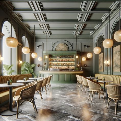 Classic Bakery Interior, Restaurant Ceiling Design Ideas, Luxury Restaurants Aesthetic, Small Restaurant Interior Design Modern, Cafe Bistro Design, Vintage Restaurant Interior, Art Deco Restaurant Interior, Bistrot Design, Restaurant Interior Design Modern