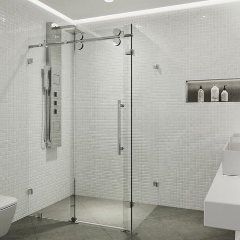 VIGO Winslow 57.75 in. x 74 in. Frameless Corner Bypass Shower Enclosure in Chrome with Clear Glass Steel Shower Door, Chrome Shower Door, Frameless Sliding Doors, Shower Sliding Glass Door, Bathroom Shower Doors, Neo Angle Shower, Frameless Sliding Shower Doors, Glass Shower Door, Corner Shower Enclosures