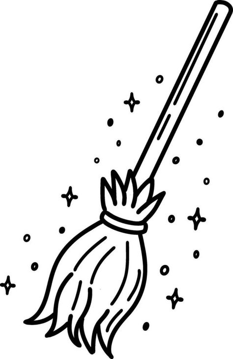 A hand-drawn broom for Halloween. Witch's broom with a long handle, vector illustration, highlighted on a white background. A stick from a witch's broom. This item is an accessory for Halloween How To Draw A Witches Broom, Cute Witch Design, Broom Stick Drawing, Witch’s Broom, Witches Broom Drawing, Halloween Vector Art, Halloween Drawings Witch, Broom Doodle, How To Draw A Witch