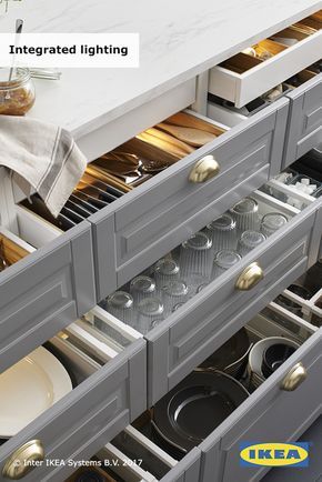 Organized Kitchen, Kabinet Dapur, Ikea Kitchen, Kitchen Redo, Kitchen Area, Kitchen Remodel Idea, Cabinet Drawers, Kitchen Lighting, Dream Kitchen