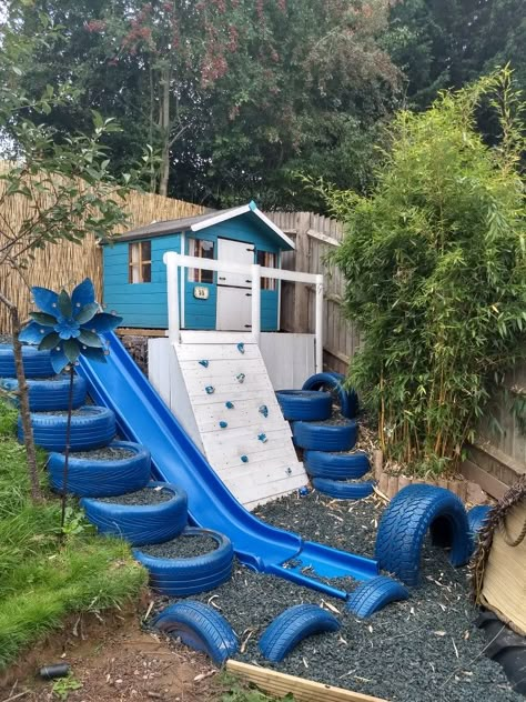 Our climbing wall play area Pallet Climbing Wall, Outside Play Area, Backyard Playground Landscaping, Kid Friendly Backyard, Playground Backyard, Outdoor Kids Play Area, Playground Landscaping, Sloped Backyard Landscaping, Kids Backyard Playground