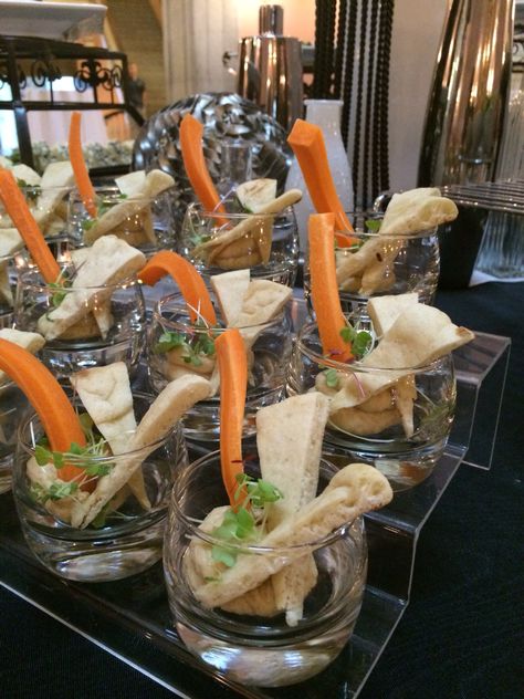 Hummus Cups | Cameron Mitchell Catering | Cameron Mitchell Premier Events Philo Cups, Hummus Cups, Hummus Cup, Baby Shower Finger Foods, Cameron Mitchell, Business Events, Finger Foods, Hummus, Cheese Board