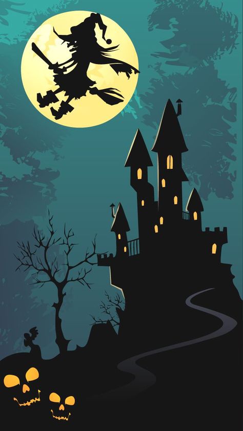 Haunted House Witch Flying On Broom, Castle Cartoon, Witch On A Broom, Imprimibles Halloween, Happy Halloween Pictures, Parties Decorations, Witch Flying, Halloween Wallpaper Cute, Halloween Cards Handmade