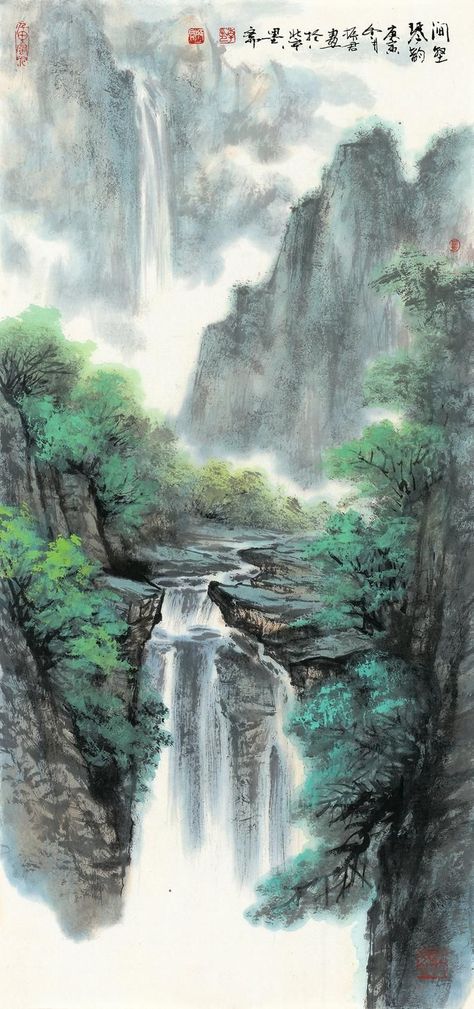 Chinese Landscape Art Print Vertical Large Size Ink Brush | Etsy #zicxa #image #background #wallpaper Waterfalls Painting, Chinese Landscape Art, Mountain And Waterfall, Japanese Waterfall, Landscape China, Chinese Mountains, Chinese Wall Art, Japanese Paintings, Painting 101