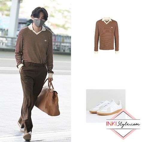 BTS V wearing Wales Bonner Sonic Striped Polo Shirt, Adidas BW Army Sneakers In White at Incheon Airport. #kpop #kpopfashion #koreanfashion #bts #v Adidas Bw Army, Airport Kpop, Army Outfit, Wales Bonner, Incheon Airport, Adidas Outfit, Airport Fashion, Striped Polo Shirt, Korean Celebrities