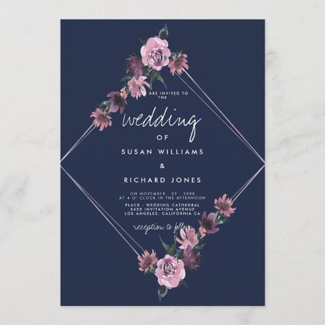 Navy blue purple pink geometric floral wedding invitation Navy Wedding Centerpieces, Wedding Flowers Elegant, Mauve Wedding Invitations, Blue Purple Wedding, Botanical Wedding Invitation, Violet Wedding, Purple Wedding Theme, Mauve Wedding, Country Style Wedding