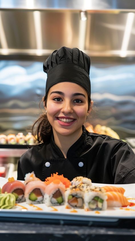 "Chef Presents Sushi: A #smilingsushi chef in #professionalattire proudly presents a colorful assortment of fresh sushi. #FreshCuisine #culinaryarts #digitalart #foodphotography #stockcake ⬇️ Download and 📝 Prompt 👉 https://stockcake.com/i/chef-presents-sushi_727189_375778" Sushi Maker, Sushi Platter, Dining Etiquette, Chef Uniform, Sushi Chef, Japanese Sushi, Sushi Bar, Chefs Kitchen, Ripe Avocado