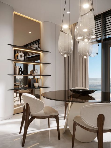 Blue-waters Island, Dubai - Apartment | Spark And Space | Archinect Apartment Dining Room, Luxury Dining Room, Smart Home Technology, Elegant Furniture, Luxury Dining, Dining Room Inspiration, Contemporary Luxury, Home Technology, Apartment Design