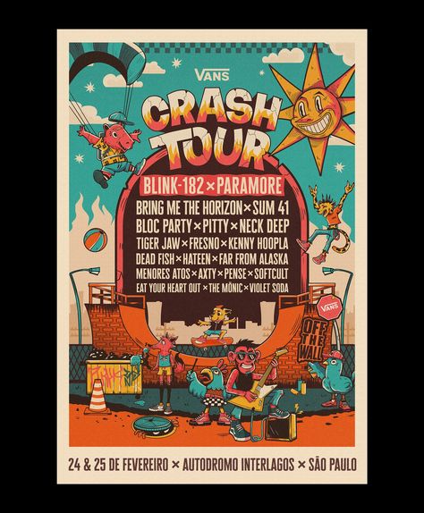 VANS CRASH TOUR :: Behance Vans Illustration, Vans Poster, Feeling Single, Festival Artwork, Vans Warped Tour, Illustration Advertising, Pop Posters, Warped Tour, Eat Your Heart Out