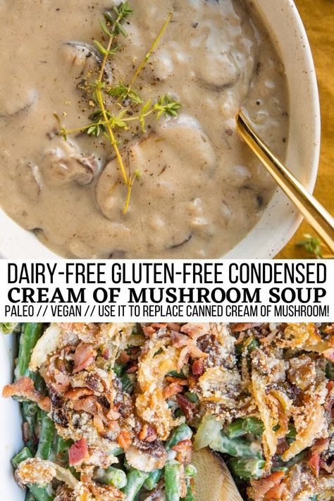 Dairy-Free Condensed Cream of Mushroom Soup (Paleo, Vegan) - The Roasted Root Gluten Free Mushroom Soup, Gluten Free Dairy Free Recipes Dinner, Condensed Cream Of Mushroom Soup, Soup Paleo, Dairy Free Recipes Dinner, Dairy Free Soup, Paleo Soup, Dairy Free Cream, Mushroom Soup Recipes