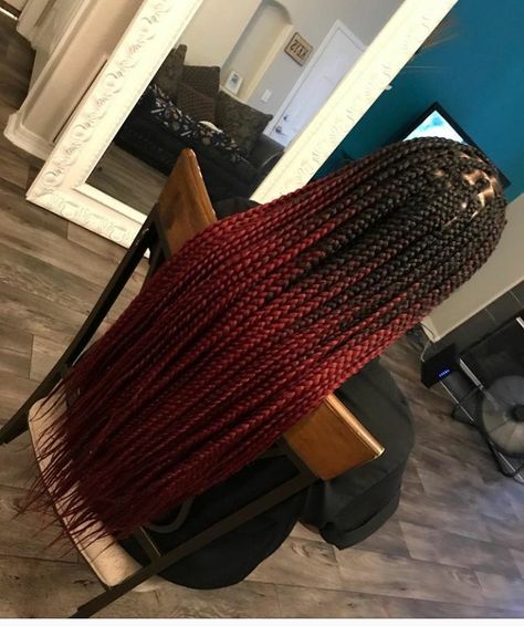 Red Ombre Braids Black Women, Black And Burgundy Hair Ombre, Ombre Burgundy Box Braids, Black To Red Ombre Braids, Ombre Red Box Braids, Half Burgundy Half Black Hair, Burgundy Ombre Braids, Maroon Box Braids, Red And Black Box Braids