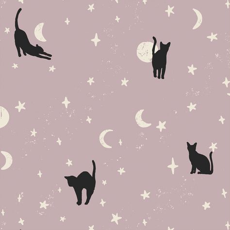 Large Moonstruck Cats in Lilac - Hawthorne Supply Co Cat Drawing Wallpaper, Black Cats Halloween, Wallpaper Horizontal, Cats Halloween, Halloween Floral, Whimsical Wall Art, Halloween Queen, Drawing Wallpaper, Indie Sewing Patterns