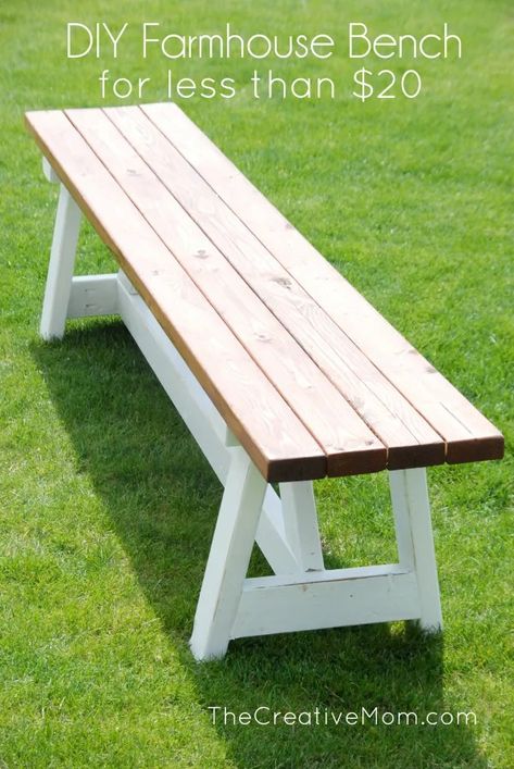 How to Build a Farmhouse Bench (for under $20 in supplies) - The Creative Mom 2x4 Wood Projects, Diy Farmhouse Coffee Table, Farmhouse Bench Diy, Free Building Plans, Diy Bench Outdoor, Creative Mom, Farmhouse Bench, Easy Wood Projects, Bench Plans