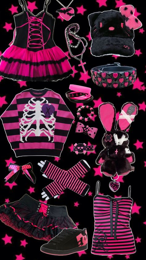 #scene #scenecore #emo #punk #pinkandblack #party #partygirl #juicycouture #victoriassecret #rave #raver #ravegirl #2000s #2014 #mcbling #skull #skulls #hellokifty #sanrio #OOTD #outfitinspo #goingout Hot Pink And Black Outfit, Scenecore Outfit, Pink And Black Outfit, Scene Core, Scene Outfits, Rave Girl, Scene Emo, Party Girls, Pink And Black