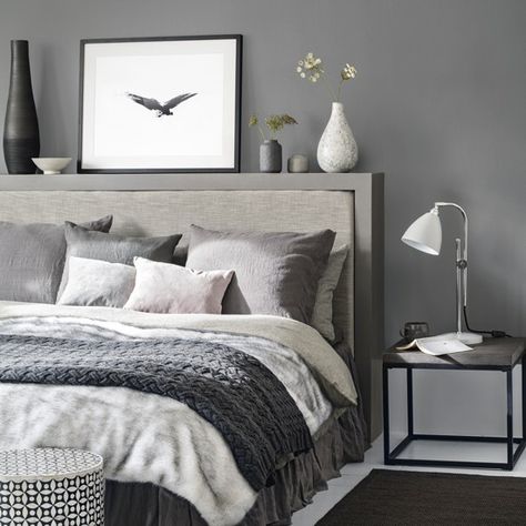 This dark grey bedroom with cosy bed linen create a relaxing space in which to unwind at the end of the day. Layer soft furnishings to create a luxurious feel Dark Gray Bedroom, Grey Bedroom Design, Grey Bedroom Decor, Cosy Bed, Cosy Bedroom, Decor Ikea, Grey Bedroom, Trendy Bedroom, Gray Bedroom