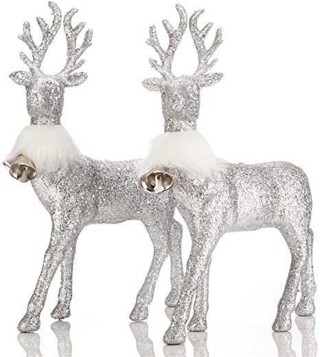 SANNO Glitter Reindeer Decorations Christmas Deer with Bell Lovely Decor Holiday Reindeer Figurines Standing Silver Glitter Indoor Decorative Ornaments Winter Decor Christmas Table Top Decorations, Kitchen Mantle, Reindeer Figurines, Winter Display, Reindeer Figure, Glitter Reindeer, Christmas Reindeer Decorations, Deer Statues, Reindeer Figurine