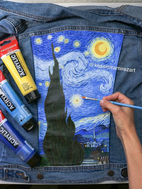 Denim Painting 101: Paint and Supplies | Kessler Ramirez Art & Travel Denim Painting, Jacket Painting, Hand Painted Jacket, Jacket Hand Painted, Painting 101, Custom Denim Jacket, Hand Painted Denim Jacket, Denim Art, Painted Denim Jacket