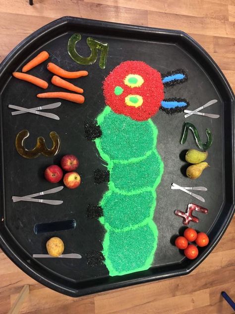 Hungry Caterpillar Sensory Tray, Fruit Tuff Tray Ideas, Hungry Caterpillar Messy Play, Bugs Tuff Tray, The Very Hungry Caterpillar Tuff Tray, Hungry Caterpillar Tuff Tray Ideas, Garden Tuff Tray Ideas, Baby Tuff Tray Ideas, Caterpillar Tuff Tray